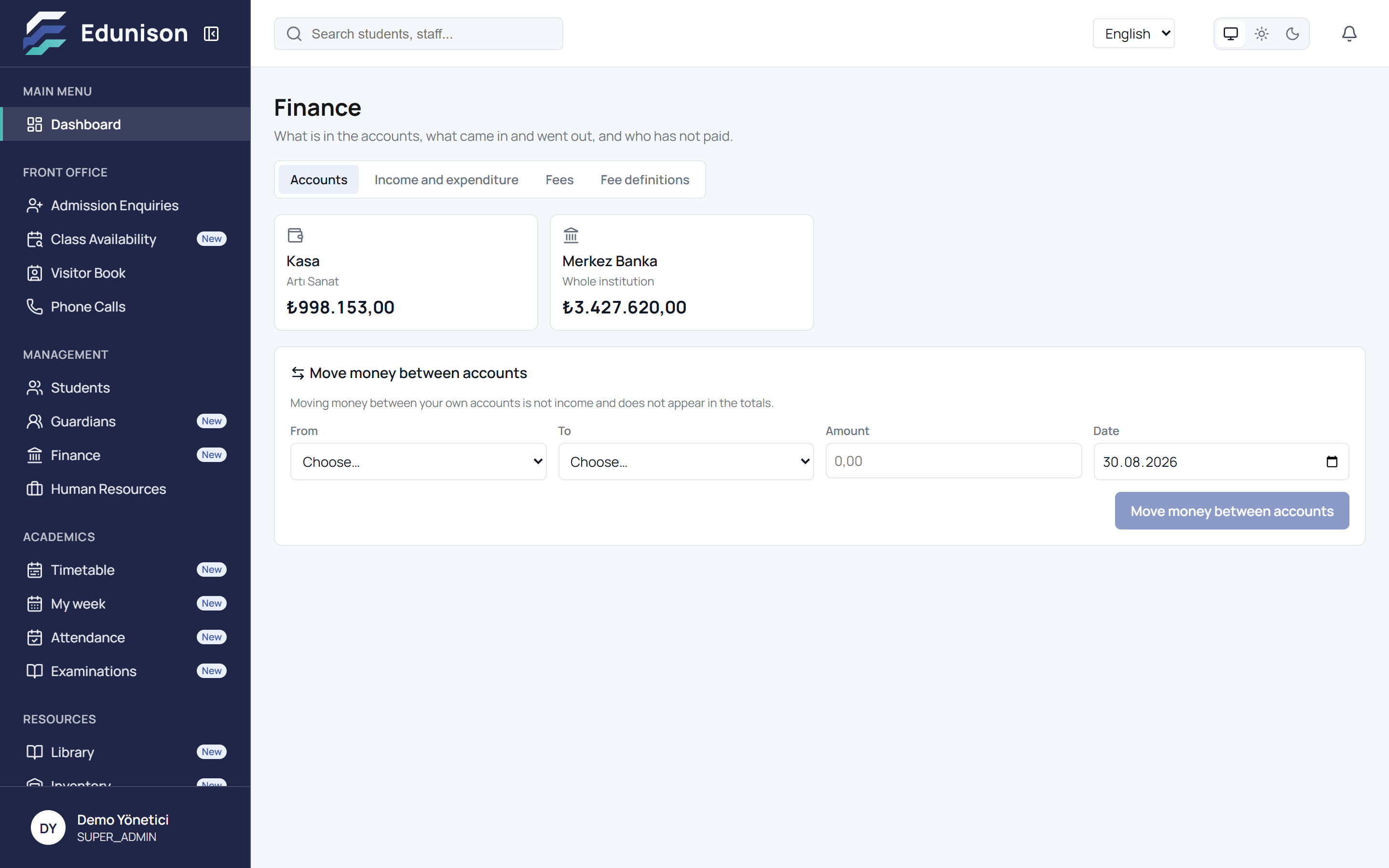 Edunison finance screen: fee definitions, instalment plans and the collections list
