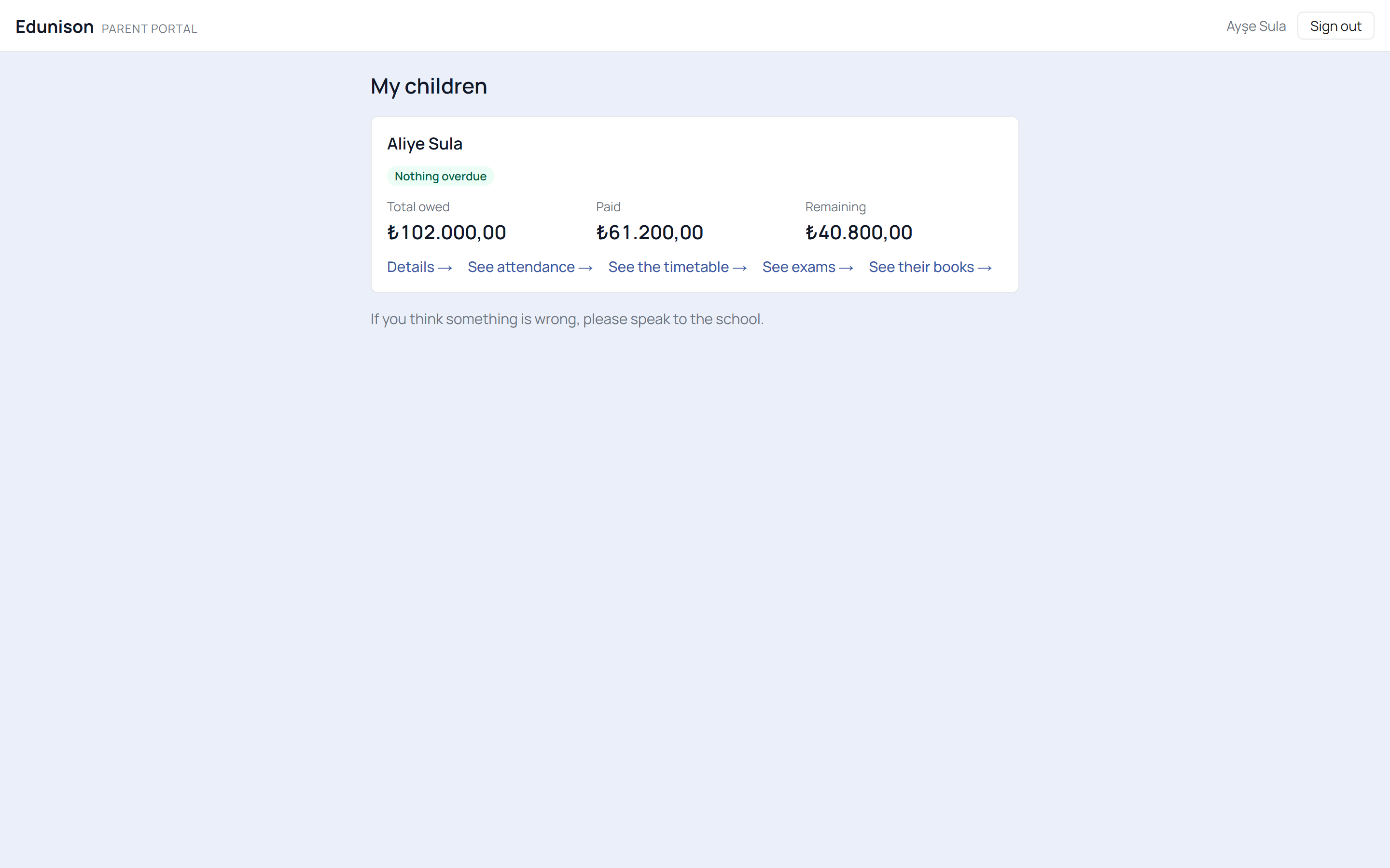 Edunison family portal: balance, instalments and student links