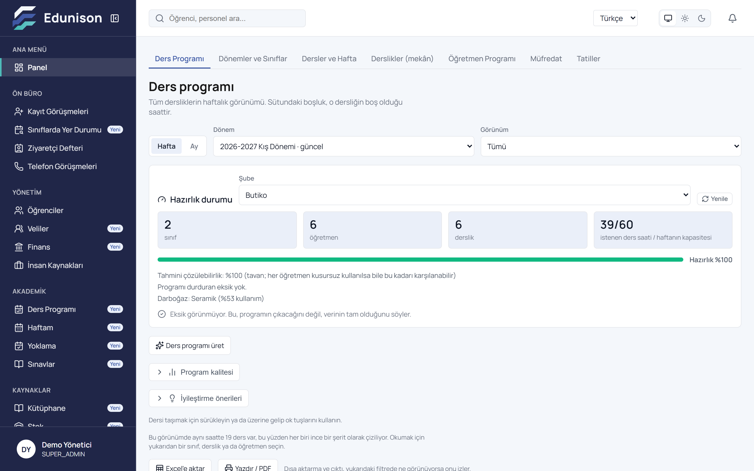 Edunison ders programı ekranı: haftalık program ızgarası